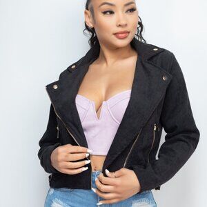 Women's Corduroy Zipper Moto Jacket - Black
